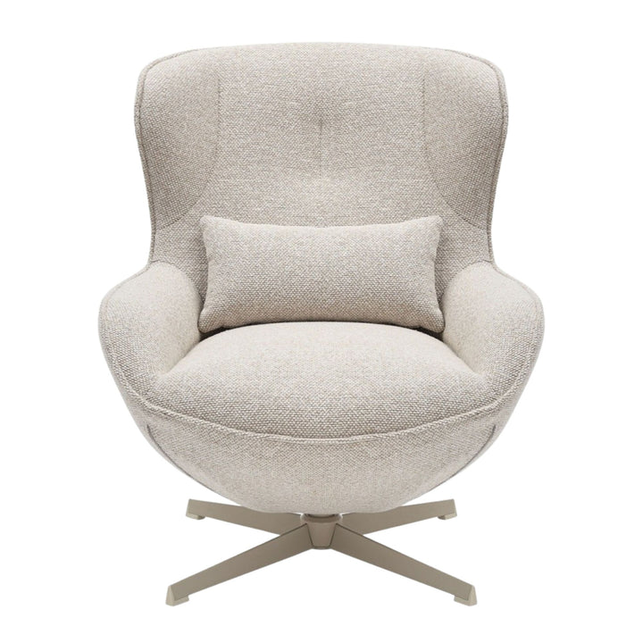 Close-up front view of the Nuba Lounge Chair showing its soft upholstery and curved design.