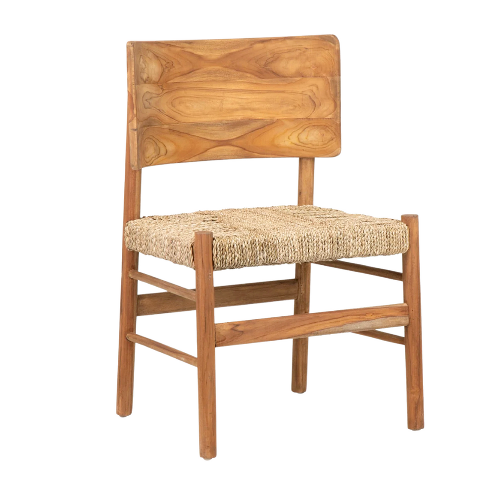 Angled view of Nuva dining chair in natural teak with seagrass seat.