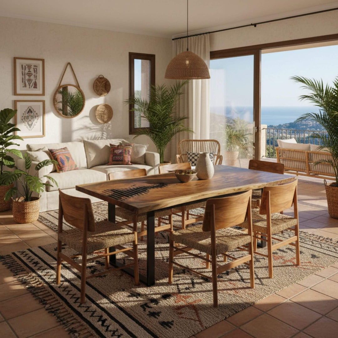 Livinf room setting of Nuva dining chair in natural teak with seagrass seat.