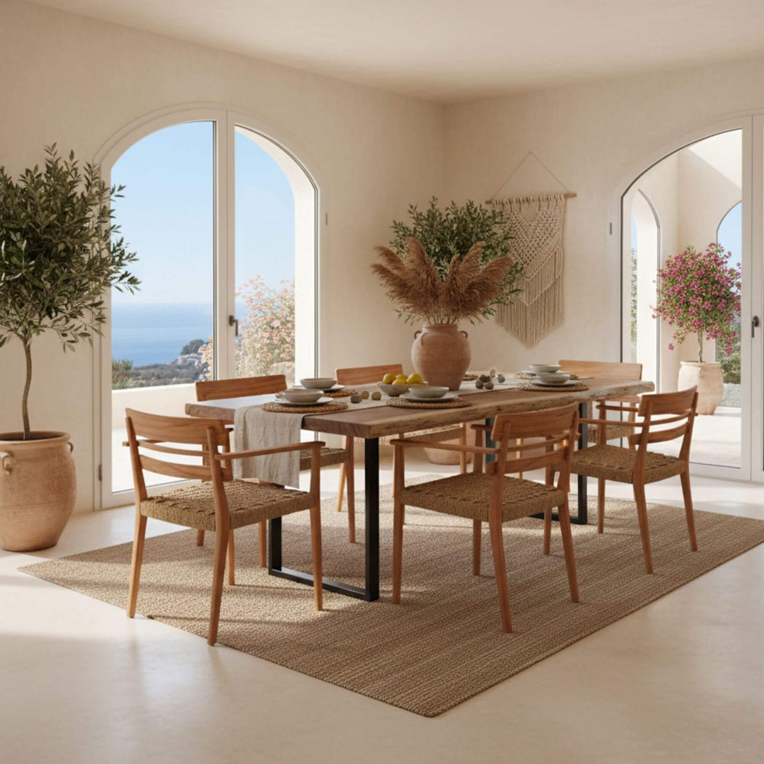 Cozy indoor setting with Nuva teak wood dining chair and Motu nui suar wood dining table