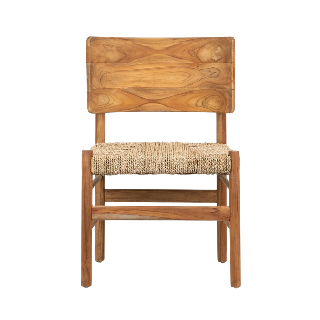 Front view of Nuva dining chair in natural teak with seagrass seat.