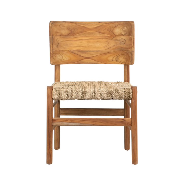 Front view of Nuva dining chair in natural teak with seagrass seat.