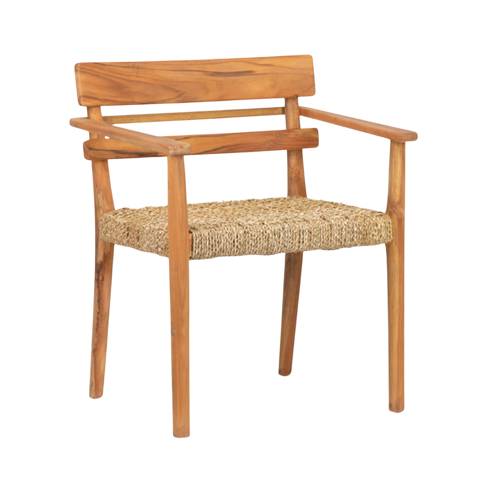 Angled view highlighting teak wood frame and handwoven seagrass seat
