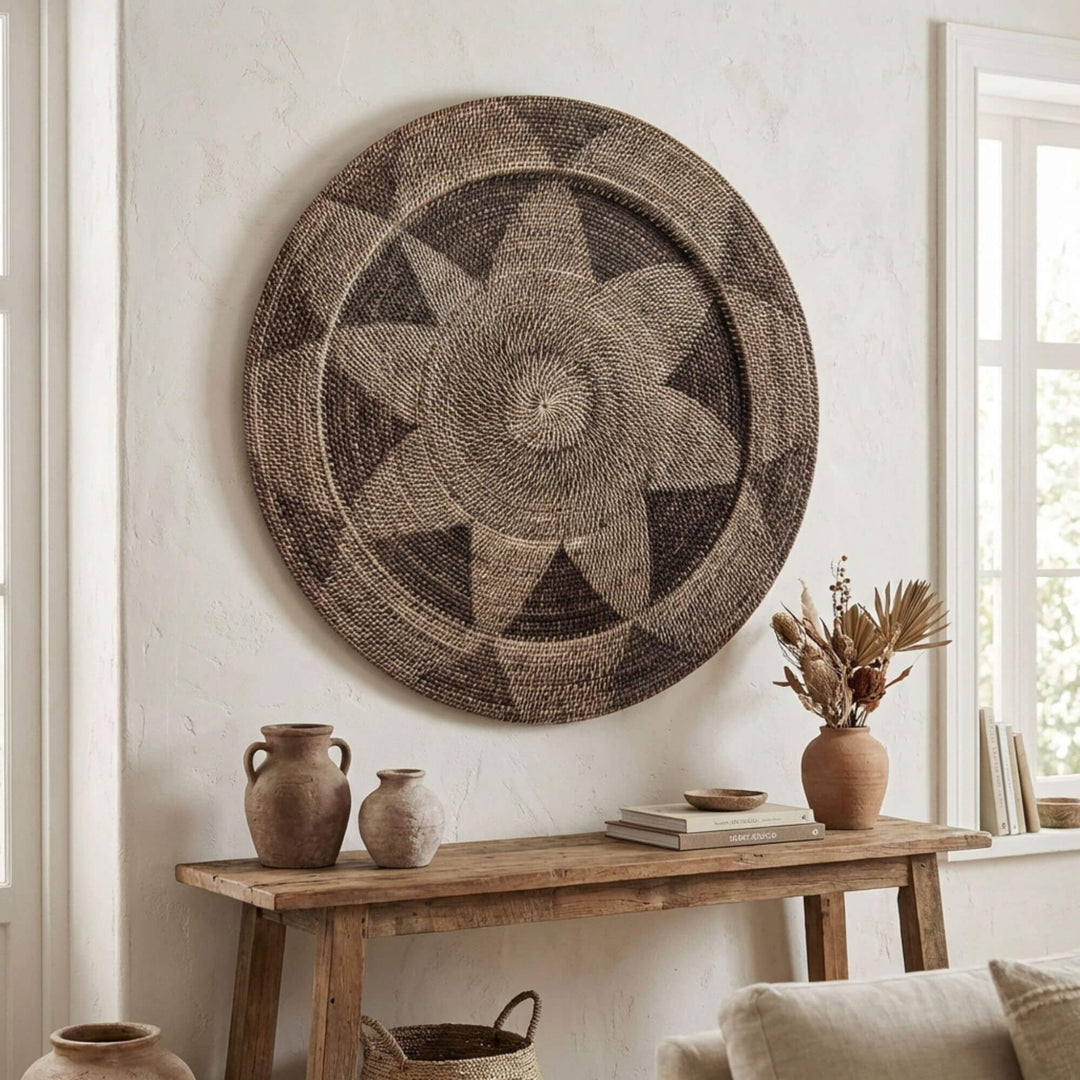 Decorative Nyis wall hanging on a white wall with a wooden table and vases below.