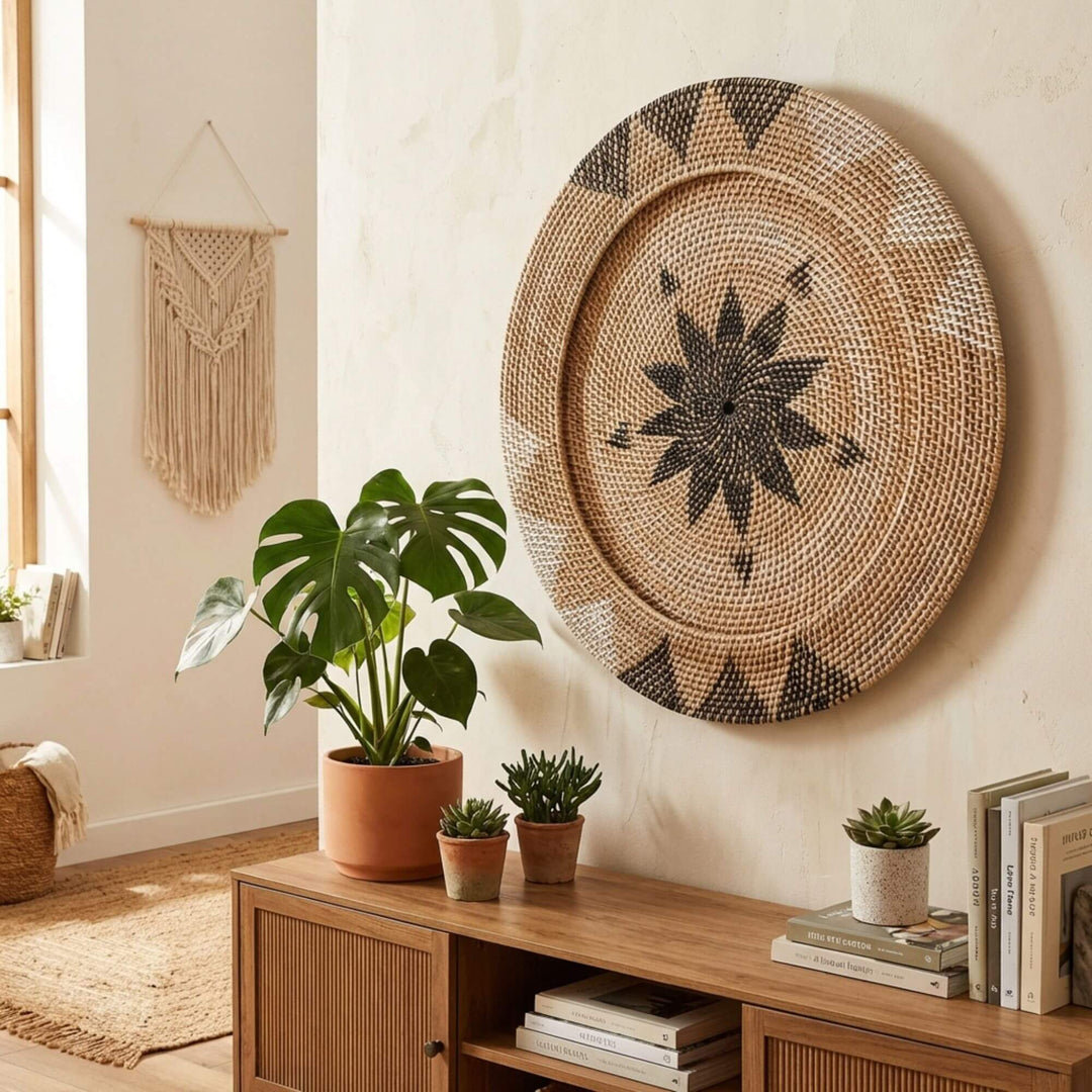 Woven Nyis wall art with geometric patterns in a room with plants and books.