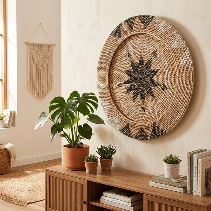 Woven Nyis wall art with geometric patterns in a room with plants and books.