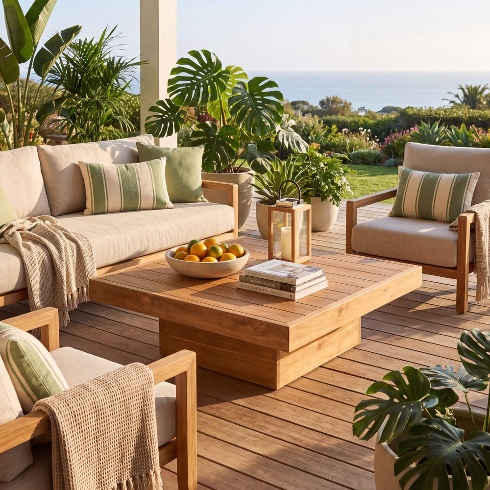 Oahu teak coffee table styled in a Mediterranean protected outdoor lounge with wooden seating