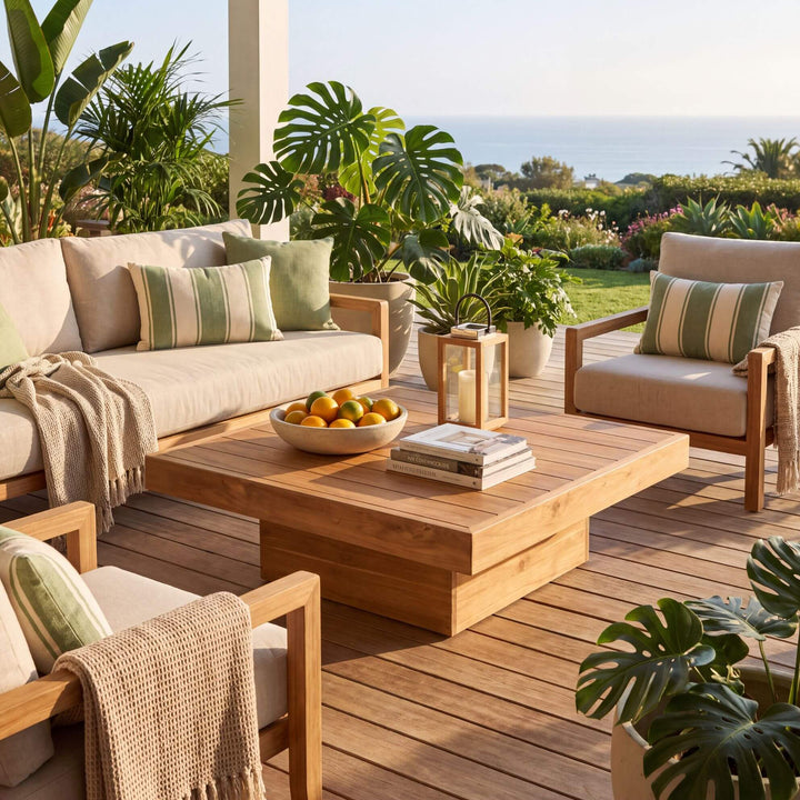 Oahu teak coffee table styled in a Mediterranean protected outdoor lounge with wooden seating