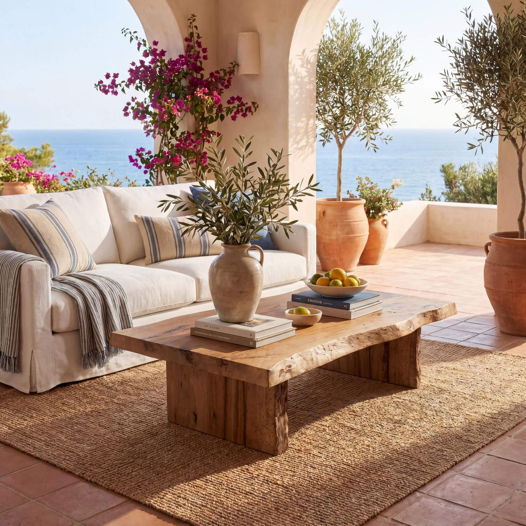 Styled terrace setting featuring the oak coffee table in a warm Mediterranean-inspired lounge space.