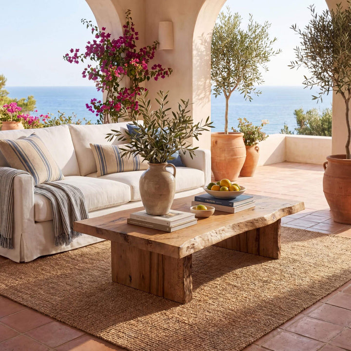 Styled terrace setting featuring the oak coffee table in a warm Mediterranean-inspired lounge space.