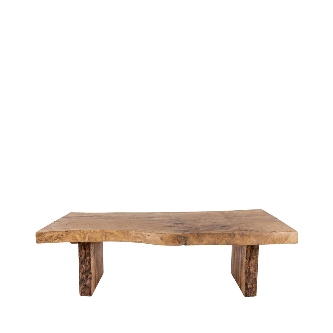 Front angled view of the coffee table highlighting its thick tabletop and natural oak finish.
