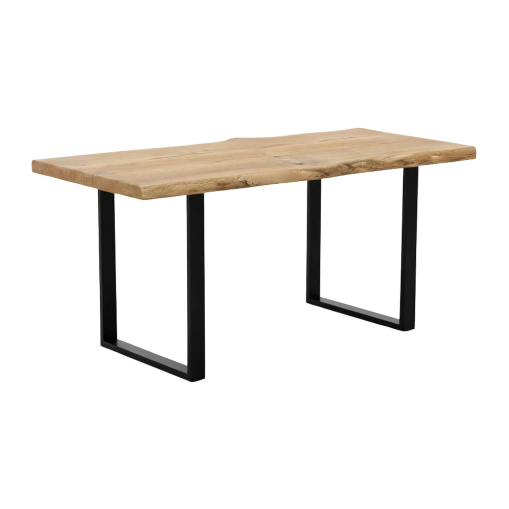 Front view of the Oak Dining Table with natural oak top and black metal legs.