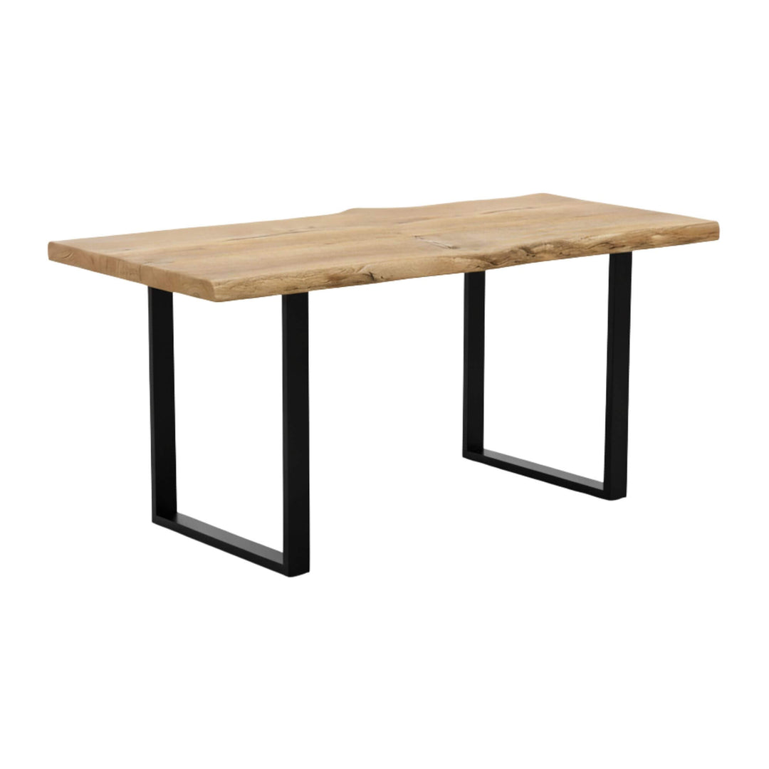 Front view of the Oak Dining Table with natural oak top and black metal legs.