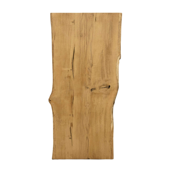 Close-up of the live-edge oak tabletop showing natural grain and texture.
