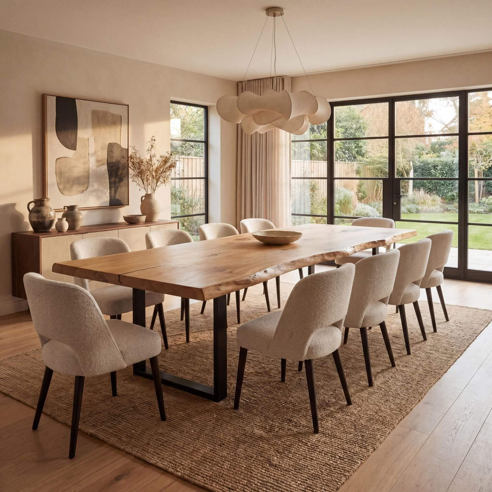 Styled dining room setting featuring the oak dining table in a warm modern interior.
