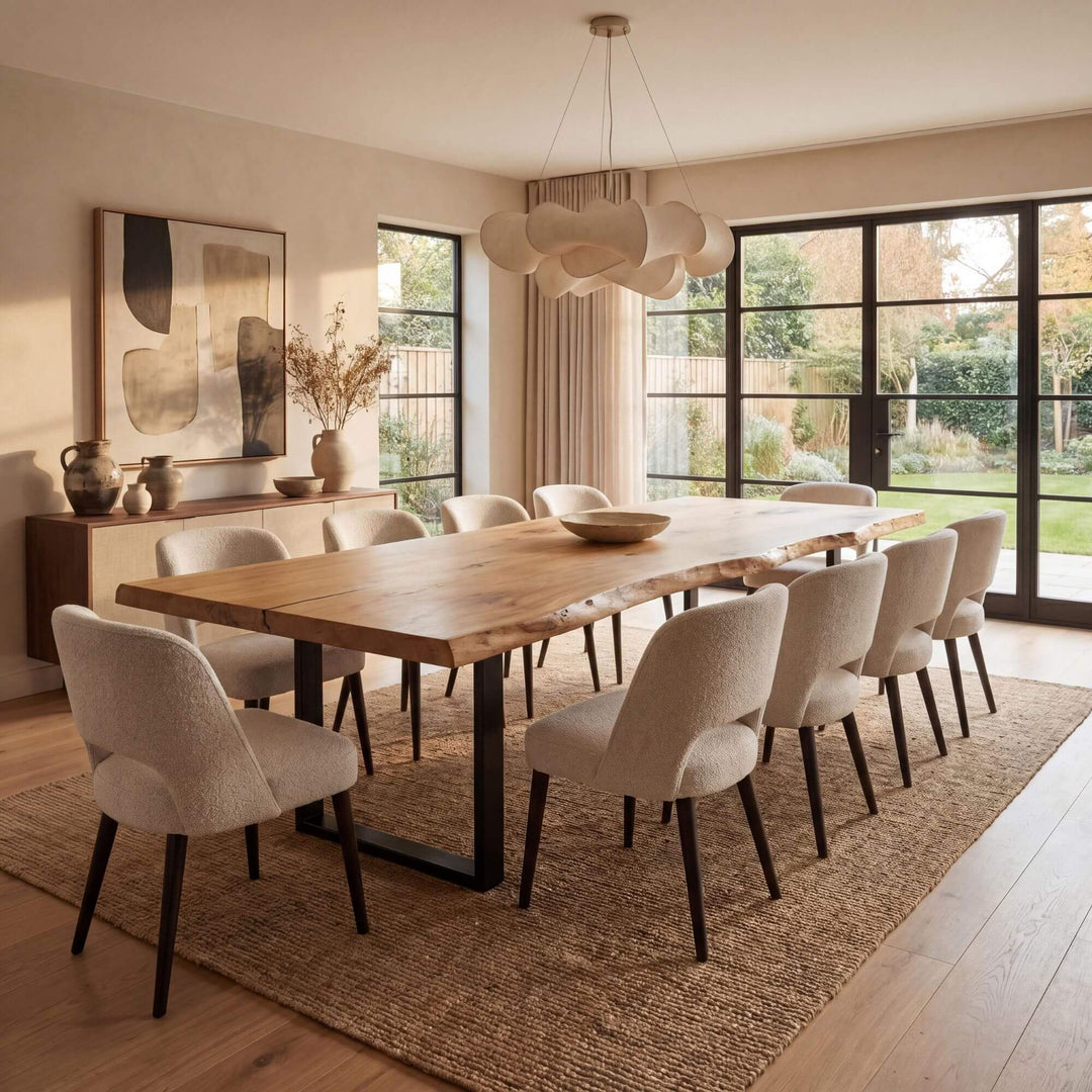 Styled dining room setting featuring the oak dining table in a warm modern interior.