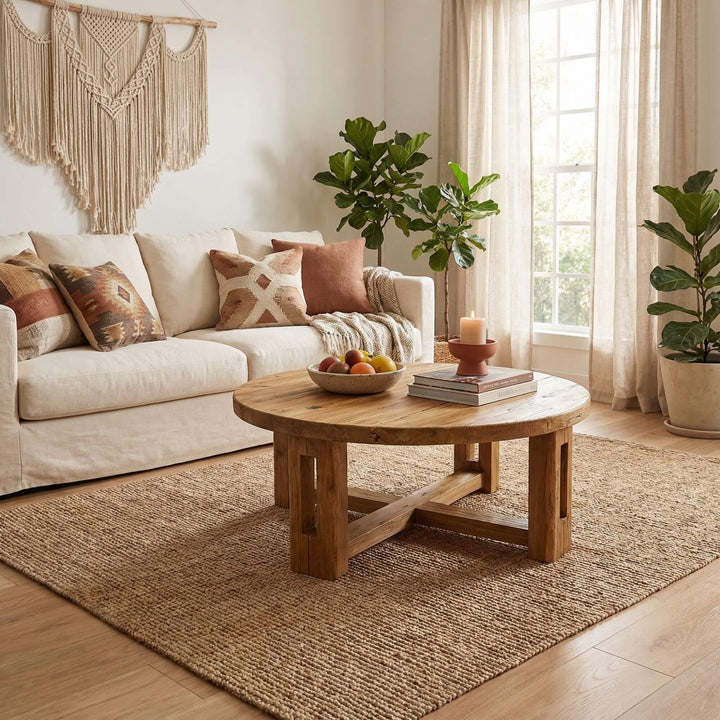 Styled living room featuring the large Oak Sila round coffee table made from solid oak.