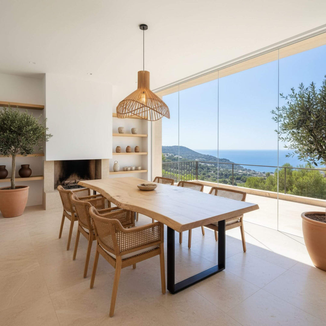 Oak Wood Dining Table in light oak displayed in a modern dining room with ocean views.