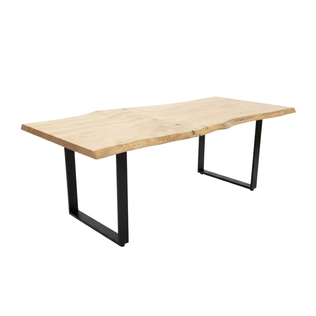 Angled view of the Oak Wood Dining Table with metal legs.