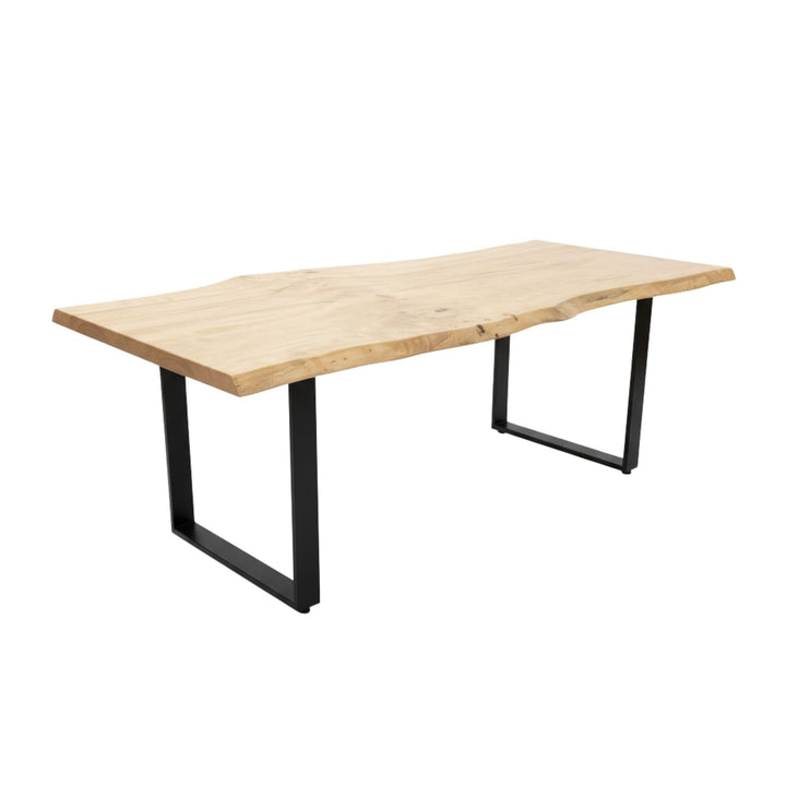 Angled view of the Oak Wood Dining Table with metal legs.