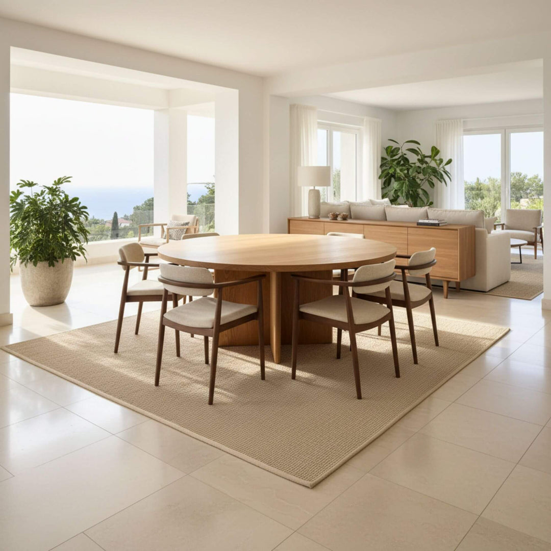 Dining room interior featuring the oak wood round dining table surrounded by chairs.
