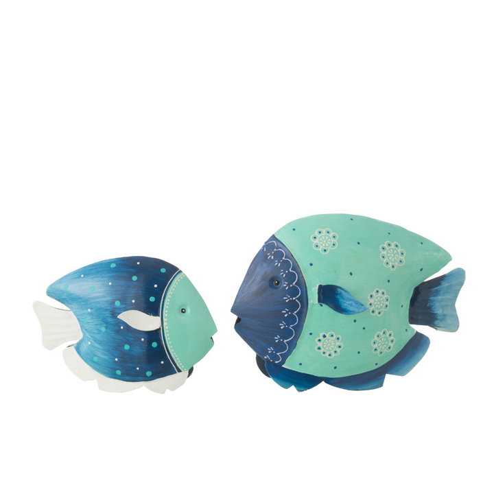 Hand-painted iron fish sculpture in blue and green tones on white background.