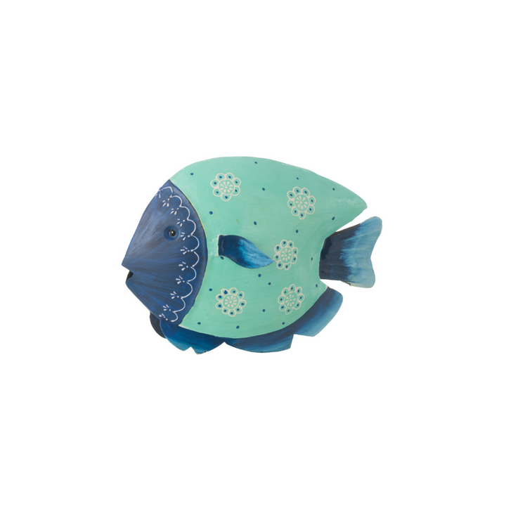 Large iron fish sculpture with layered blue and green finish and textured details.