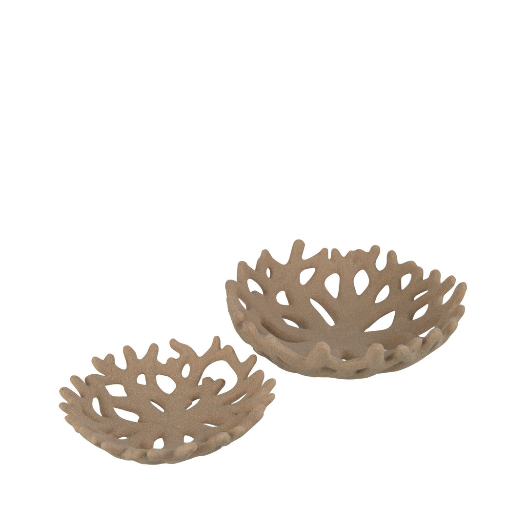Two beige decorative bowls with a coral-like pattern on a white background