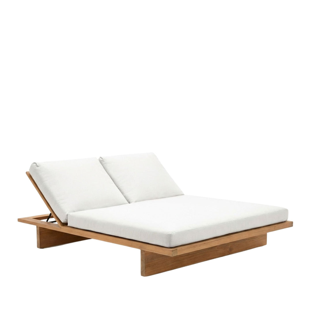 Front view of the Ocume double sunbed in okoume wood with dual adjustable backrests.