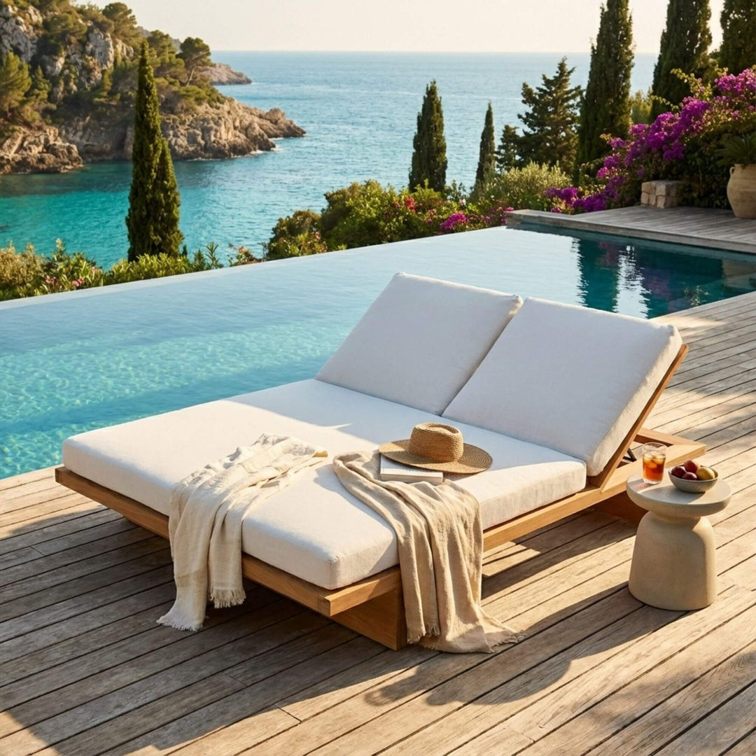 Ocume double sunbed styled by a pool, showcasing its wide lounging surface and natural wood finish.