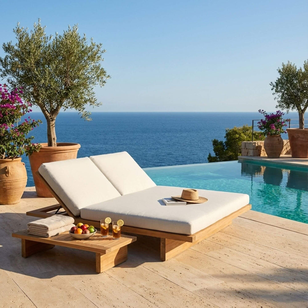 Side view of the Ocume double outdoor sunbed highlighting its low-profile structure.