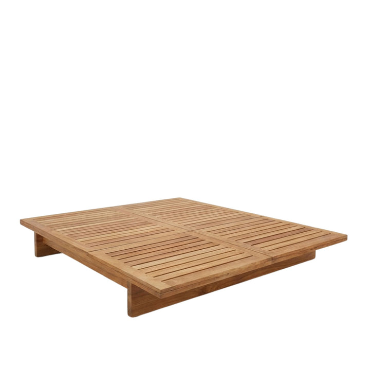 Detail of the slatted okoume wood base of the Ocume double sunbed.