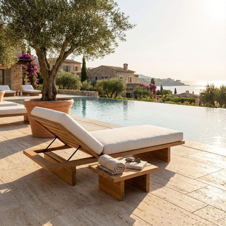 Side view of the Ocume outdoor sunbed highlighting its low-profile design.