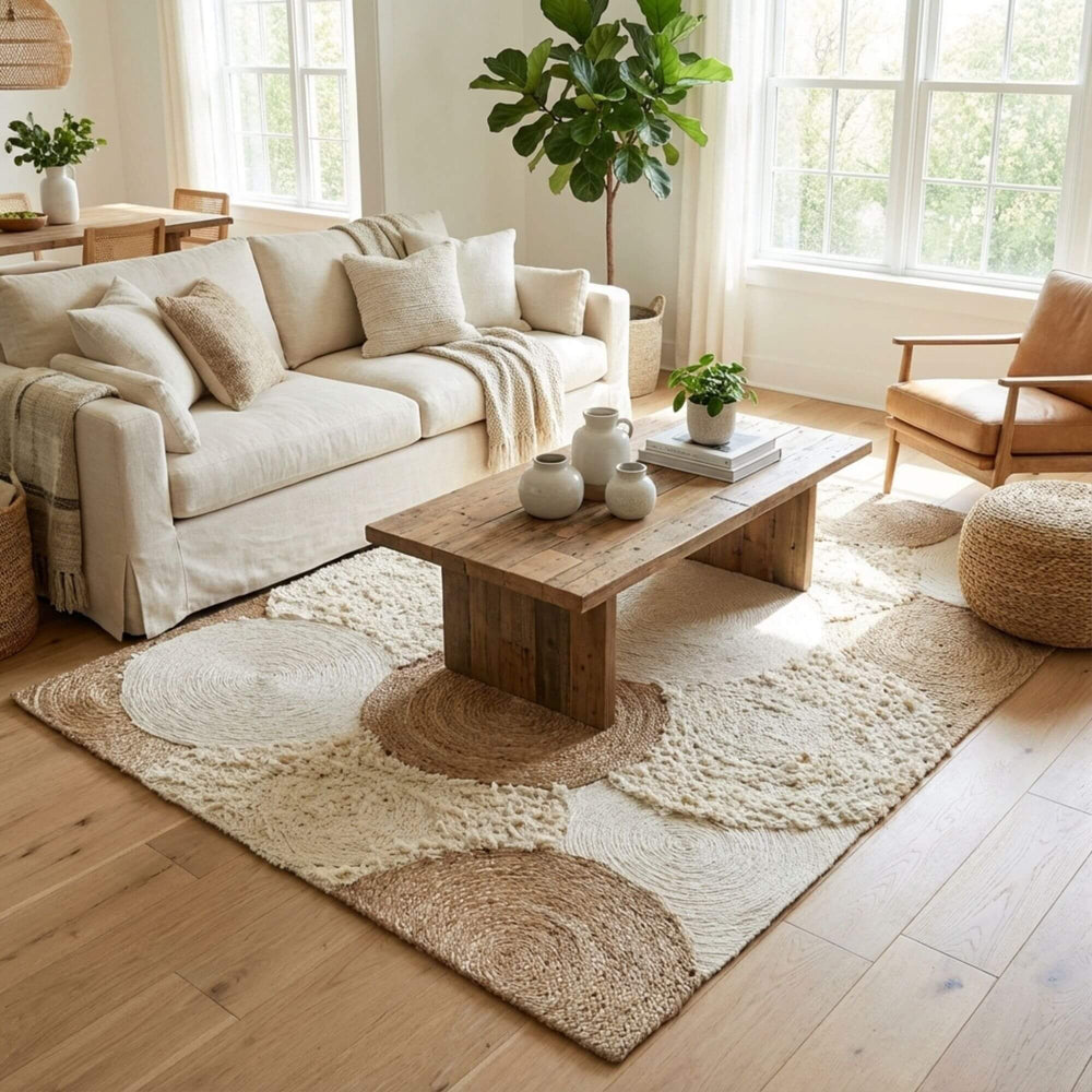 Styled living room scene showcasing the Odisha Rug as a warm, textured centerpiece.