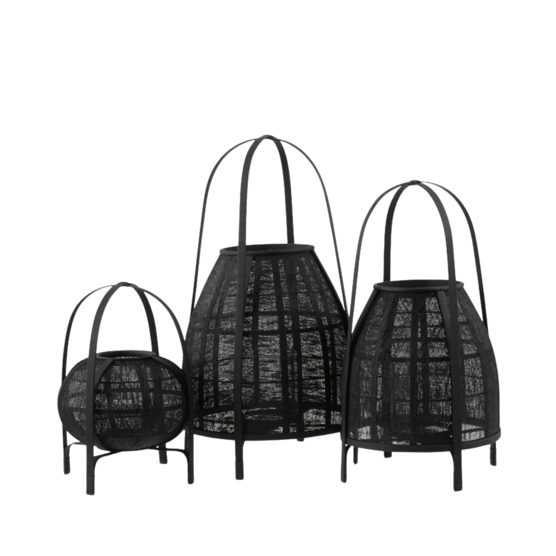 Set of Ogun bamboo lanterns in various sizes showcasing their sculptural shape and black woven design.