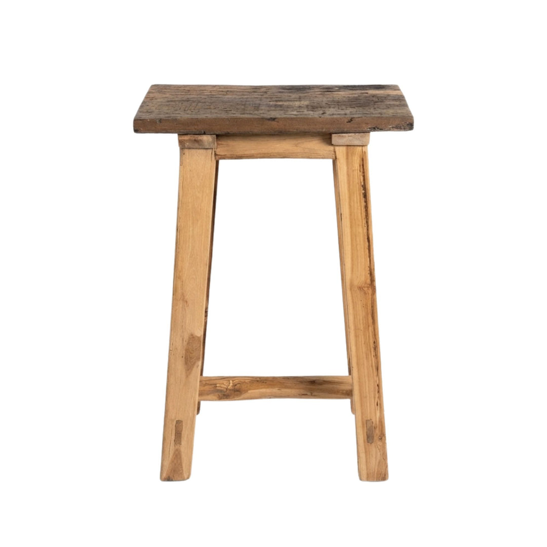 Front view of Old Bar Stool made from sheesham wood with a rustic, handcrafted finish.
