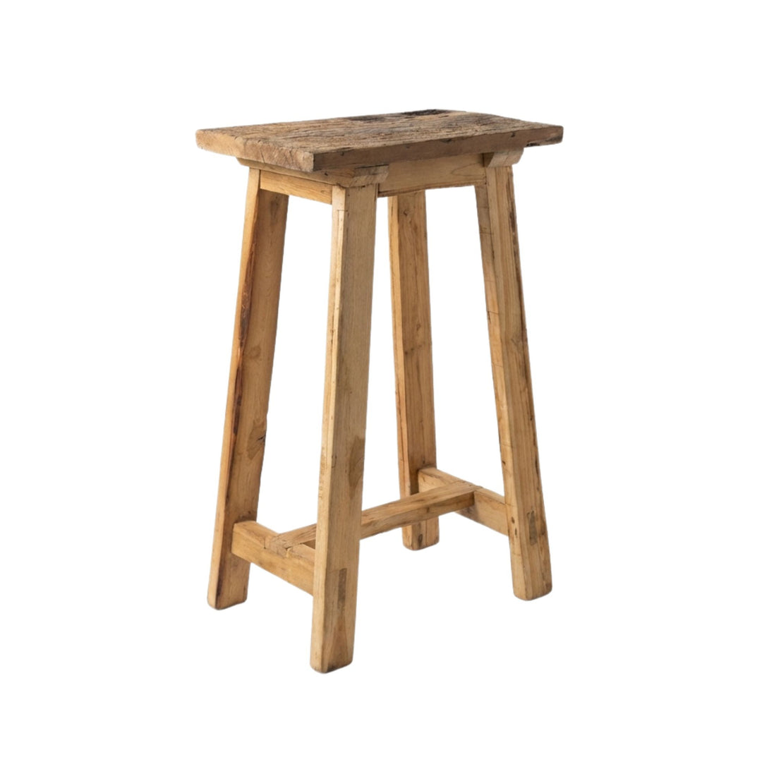Angled view of Old Bar Stool made from sheesham wood with a rustic, handcrafted finish.