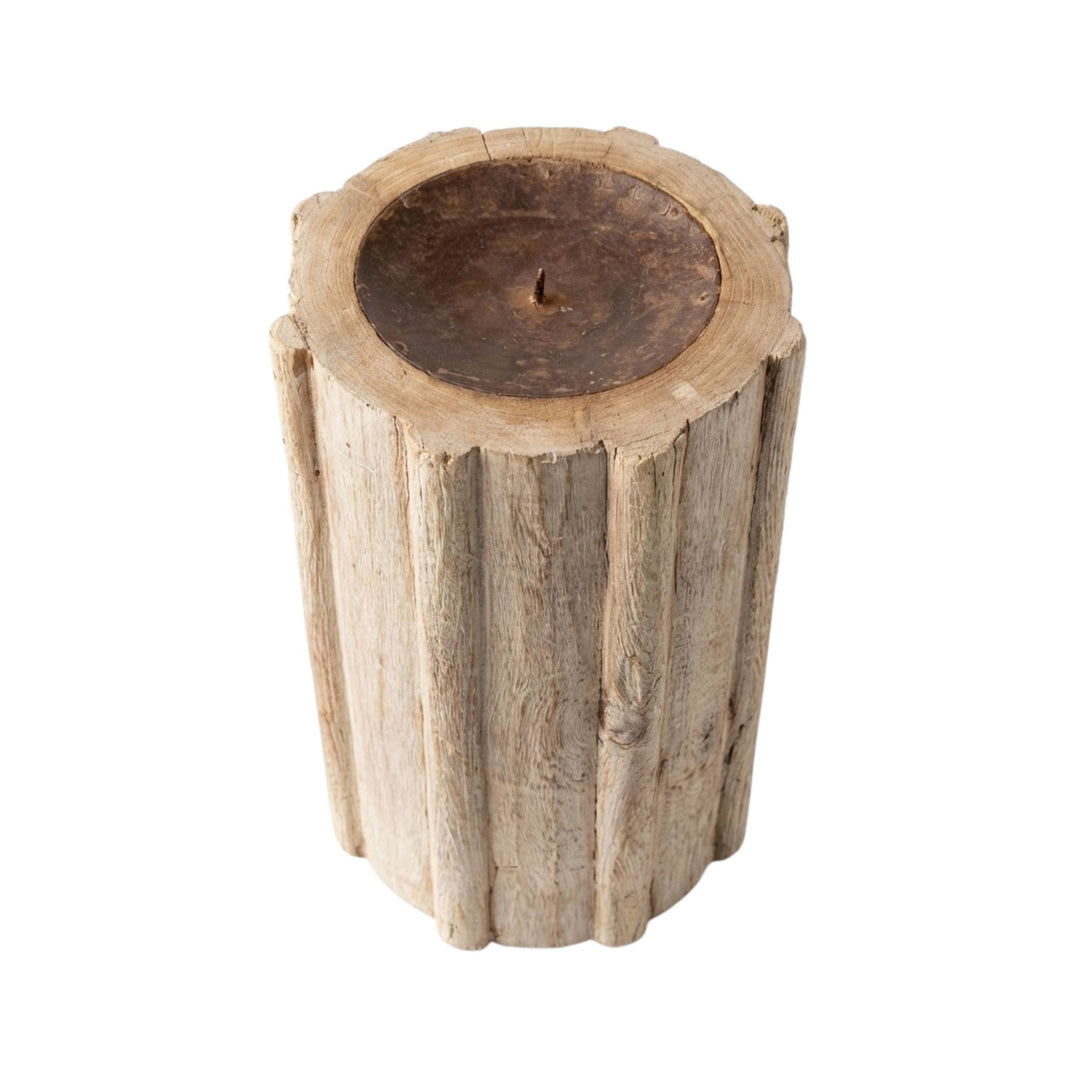 Front view of the Old Candle Holder White Briss Collection showcasing its tall carved sheesham wood design.