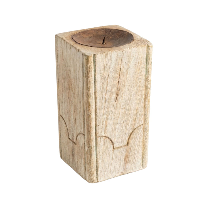 Side view showing the vertical carved texture and rustic whitewashed finish.