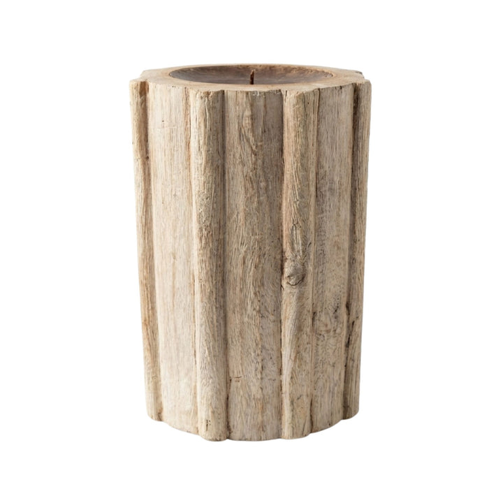 Alternate angle displaying the sculptural cylindrical form of the sheesham wood candle holder.