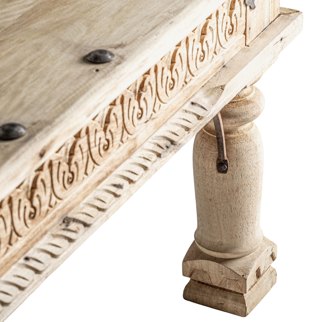 Close-up of the decorative hand-carved edging on the Old India Coffee Table.