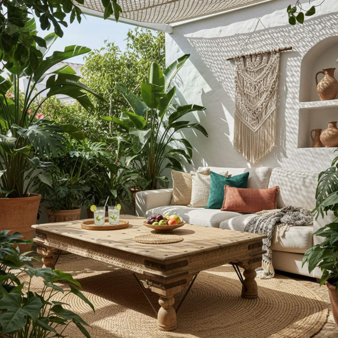 Outdoor patio with the Old India Coffee Table styled with bohemian décor.