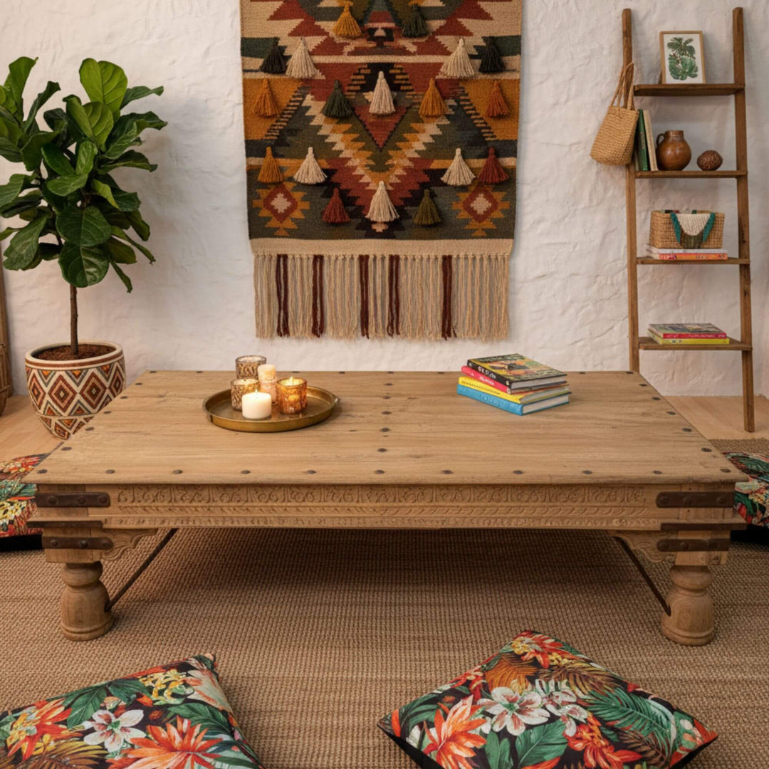 Living room scene featuring the vintage Old India reclaimed wood coffee table.