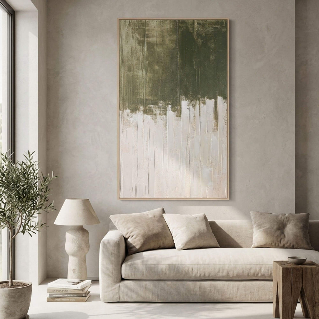 Styled living room interior featuring the Olive Fade painting above a sofa.