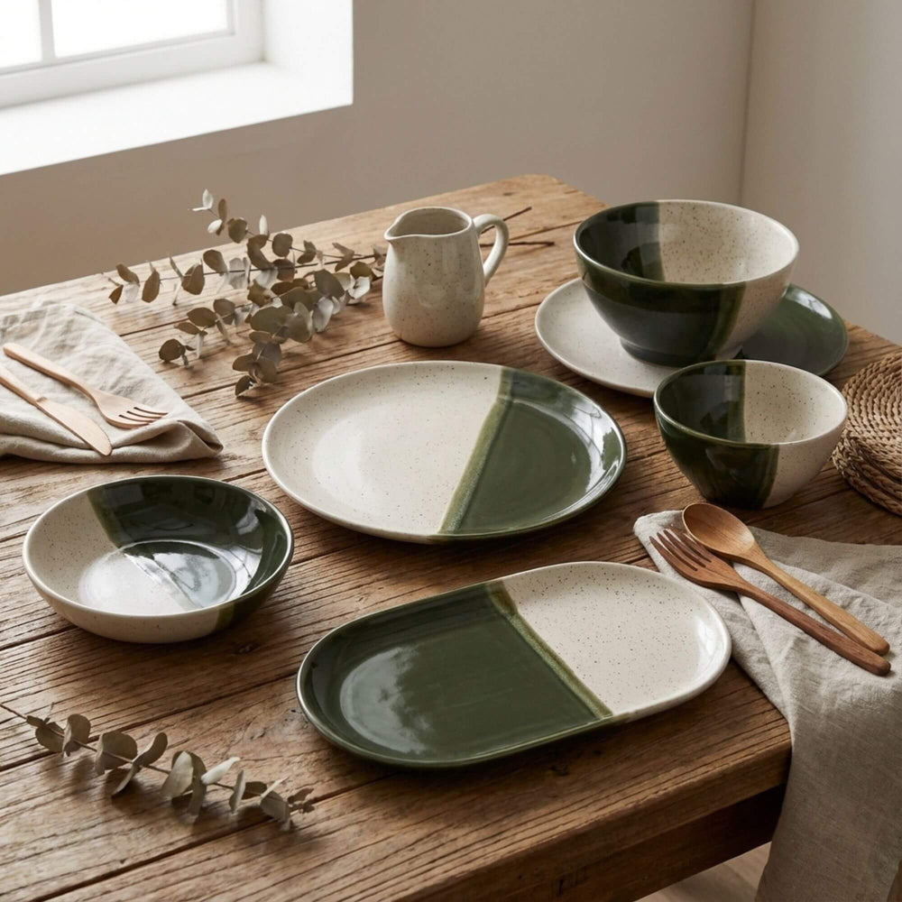Styled dining table featuring the Olive ceramic tableware collection.