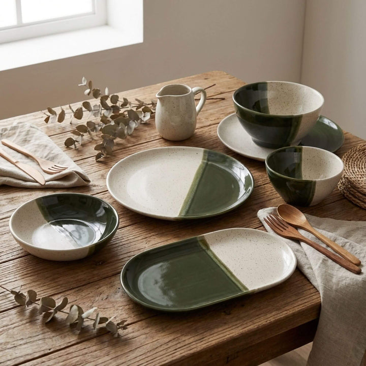 Styled dining table featuring the Olive ceramic tableware collection.