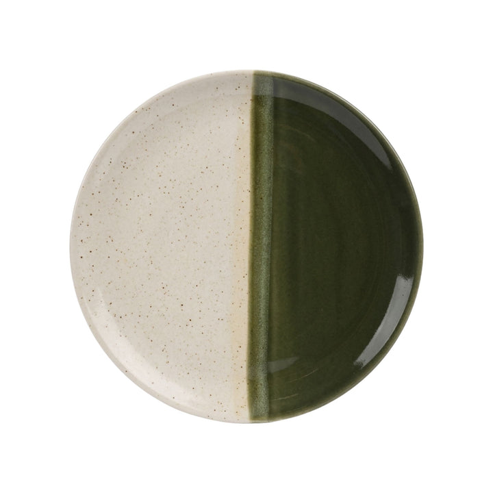Top view of olive green ceramic plate with half-glazed design.