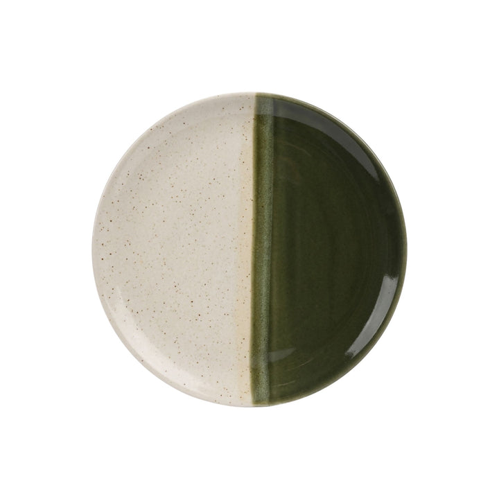 Top view of olive green ceramic dessert plate with half-glazed design.