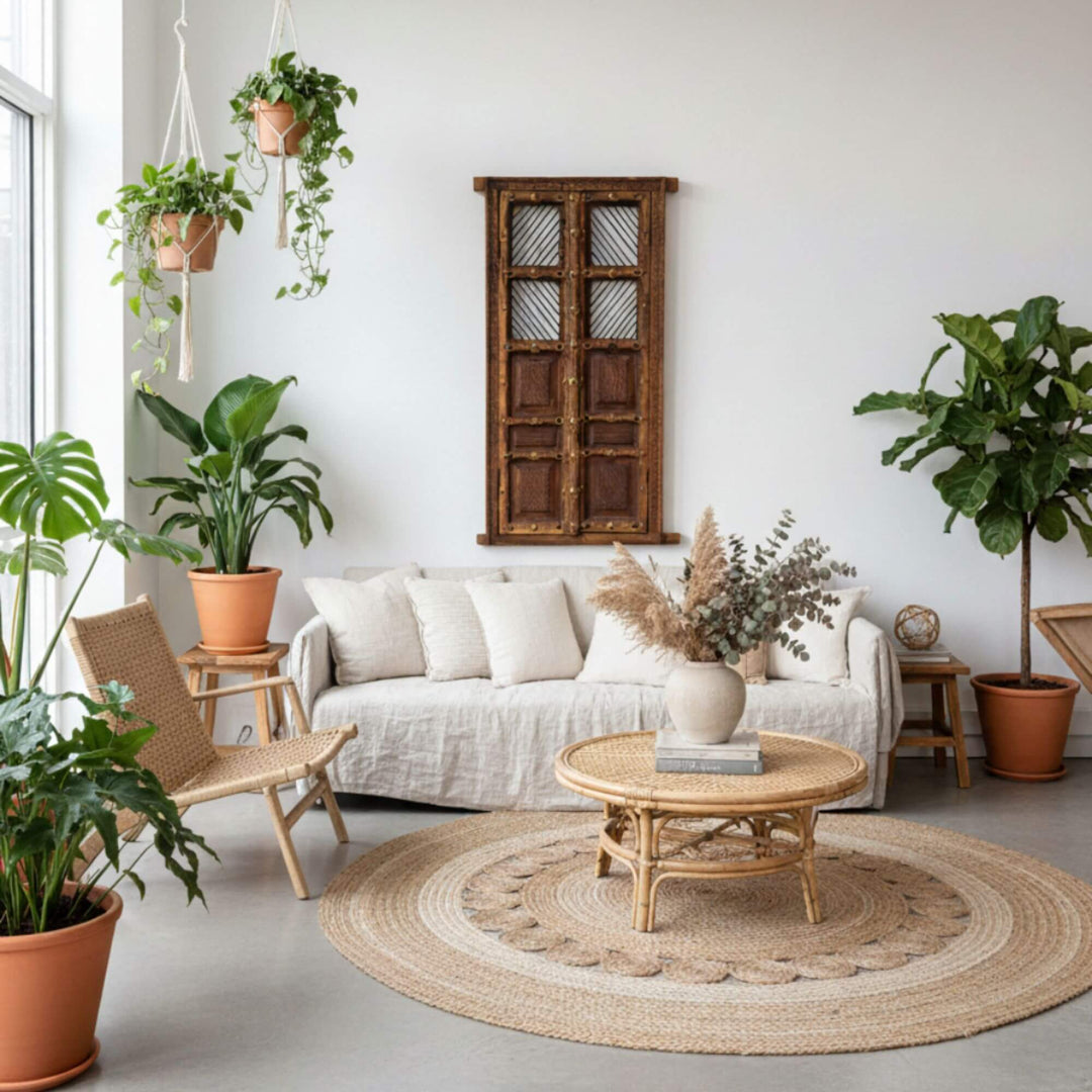 Living room with an Olmen window, plants, a sofa, and a round coffee table.