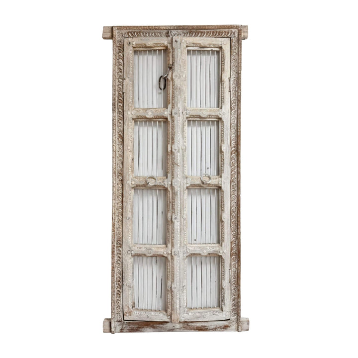 Front view of the Olmen Window whitewashed sheesham wood wall decor.